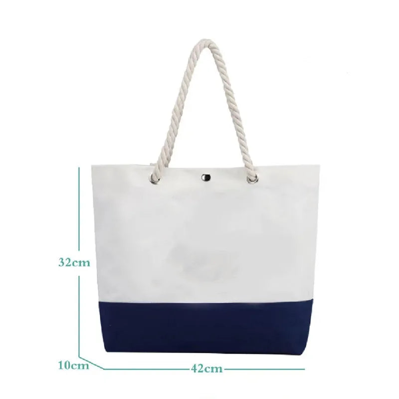 Spot Patchwork Rope Hand-Held Beach Bag Reusable Cotton Canvas Shopping Bag Gift Horizontal