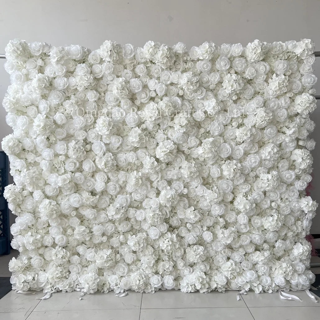 Cloth Fabric Roll up White Wedding Rose Flowers Wall Backdrop Artificial Wall Decoration Flower Wall Panels