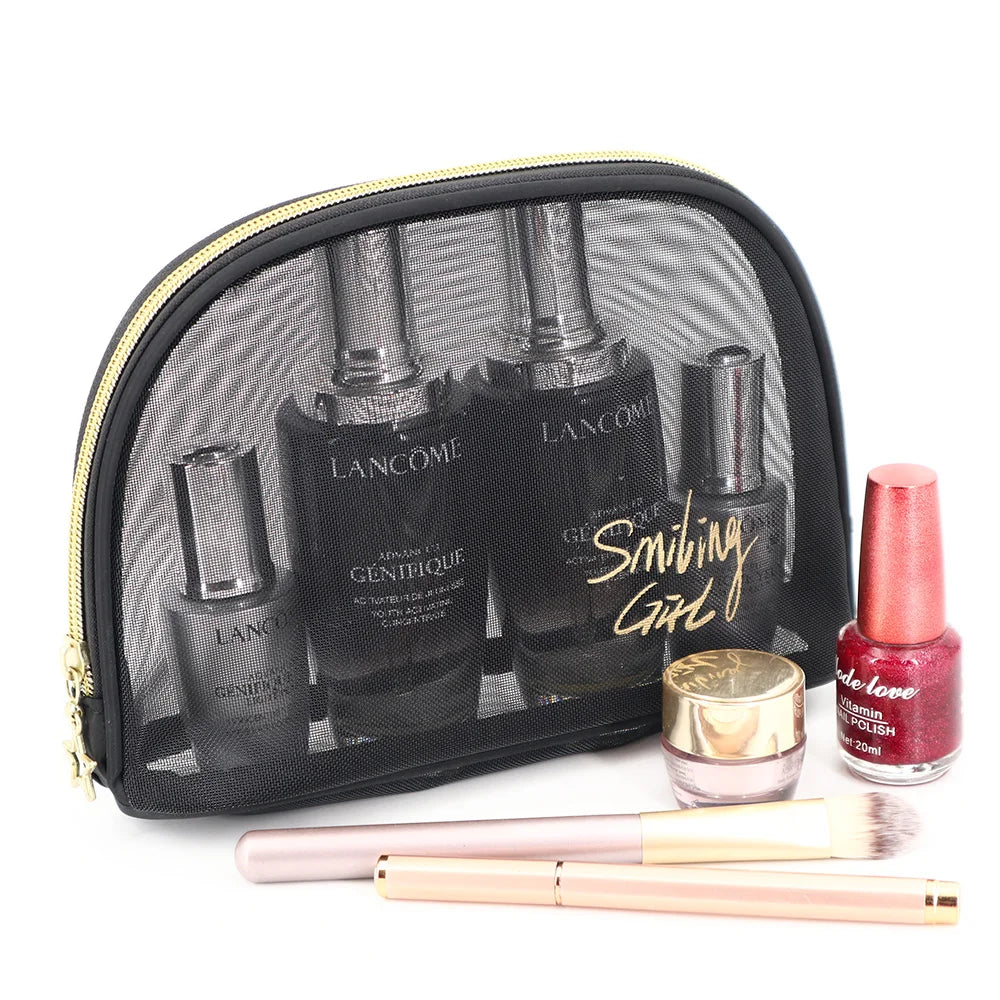 Mesh Cosmetic Bag Black Nylon Mesh Zipper Pouch for Offices Travel Accessories Daily Toiletries Purse Bag Shell Shape