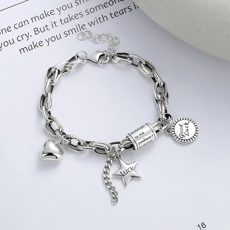 925 Sterling Silver Bracelet Heart Pentagram Charm Bracelet Good Luck Trendy Bracelet