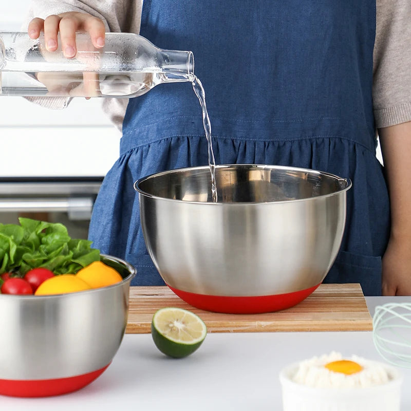 SHIMOYAMA New Stainless Steel Deep Mixing Salad Bowls With Lids and Non Slip Red Bases Large Mixing Bowls for Kitchenware Set
