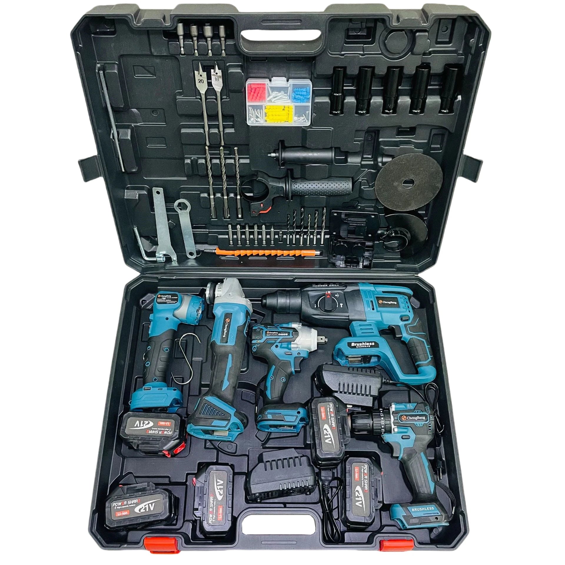 5pcs Set Combination Power Tool Kits Brushless Electric Hammer Impact Drill Angle Grinder Cordless Wrench Portable Battery Lamp
