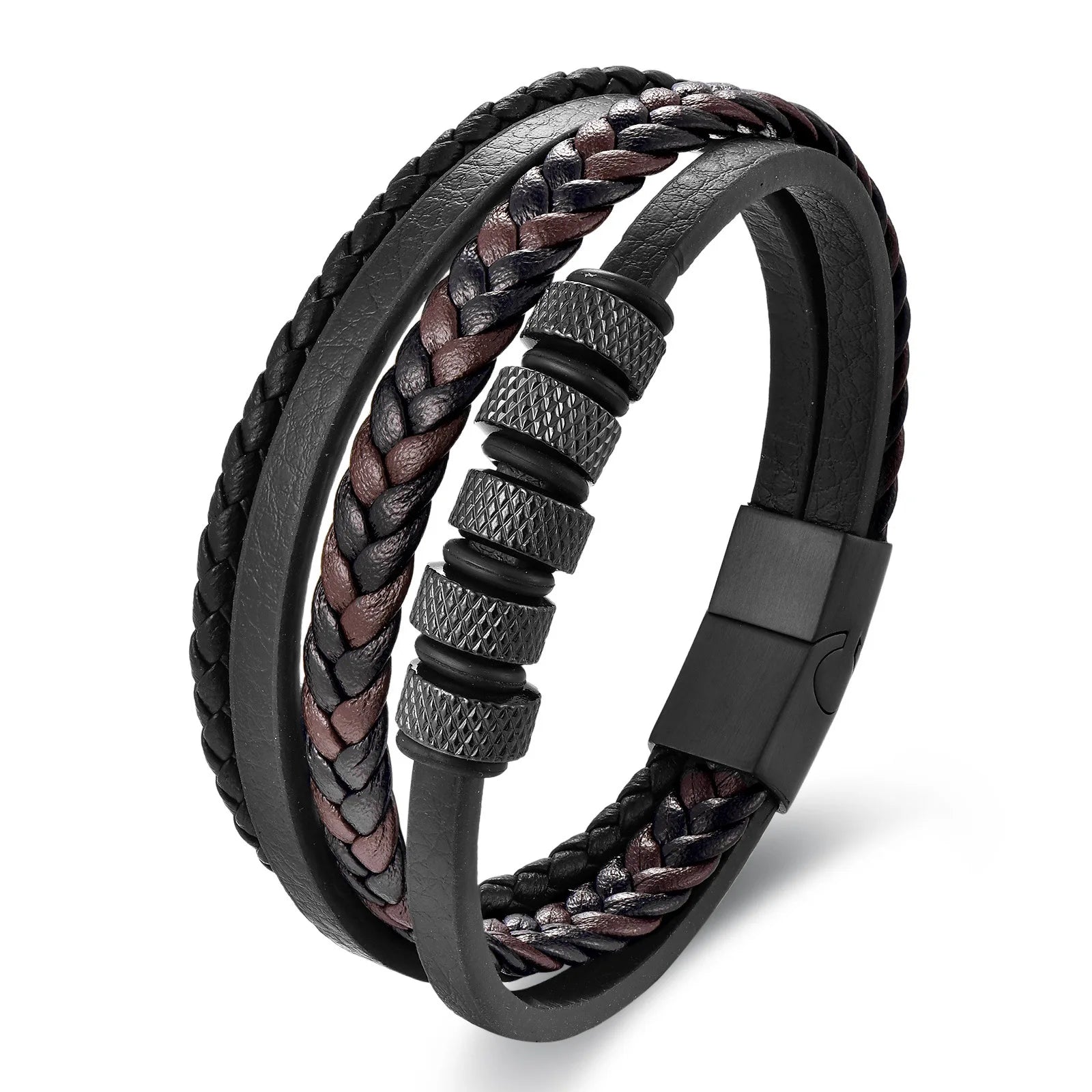 Wholesale Fine Jewelry Men's Bracelet Personalize Black Stainless Steel with Genuine Leather and Rope Elegant Bangles Type