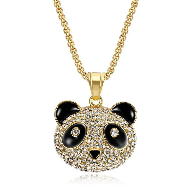 Stainless Steel Hip Hop Jewelry Diamond Crystal Panda Iced Out Pendant Necklace