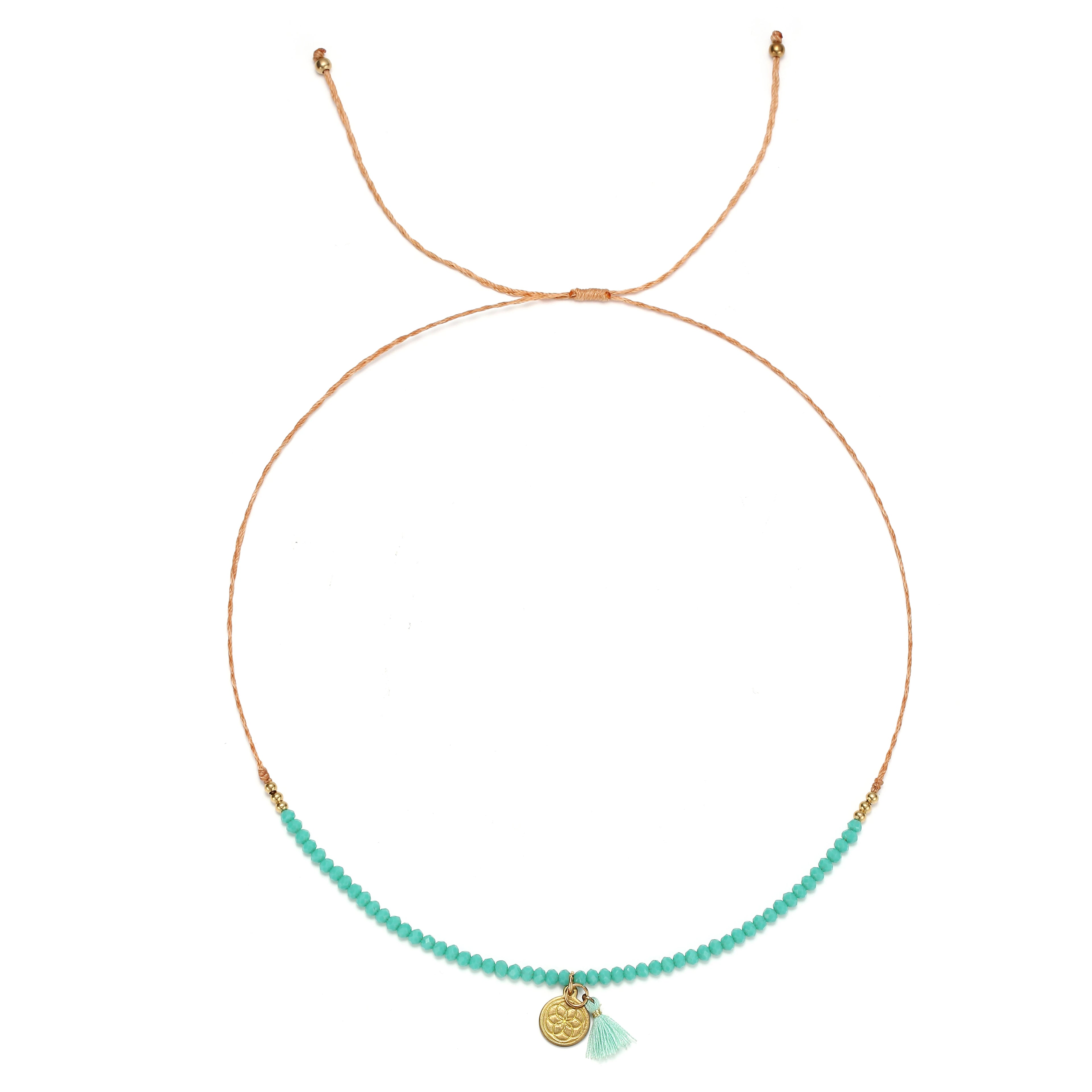 New Fashion Ethnic 3mm Crystal Beaded Tassel Copper Charm Necklace Geometric Shape Handmade Yoga Lotus Adjustable Jewellery