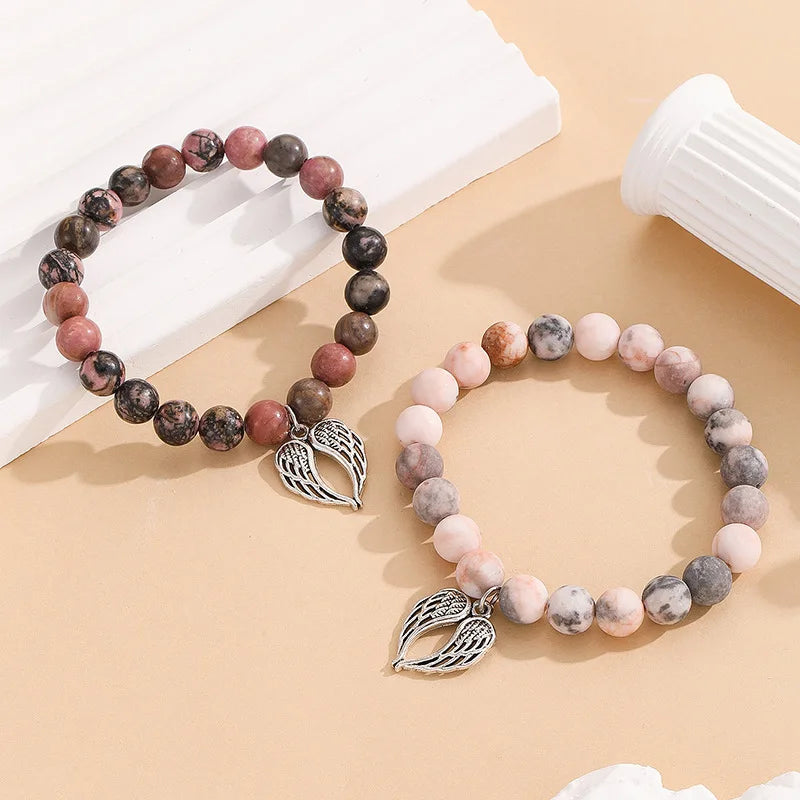 8mm Pink Zebra Bracelet for Mom Daughter Friend Stress Relief Yoga Healing Angel Wing Pendant Rhodonite Charm Gemstone Bracelet