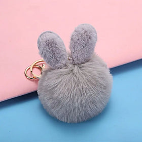 Rabbit Ears Fur Ball Bag Charm Golden Key Rings Ear Pom Pom Fluffy Fur Ball Plush Fluffy Keychain for Car Keyring Bag Charm Gift