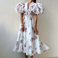 Summer 2024 Courtly Style Button up High Waist Belted Puff Sleeve Flared Floral Elegant Dresses Retro Vintage Dress for Women