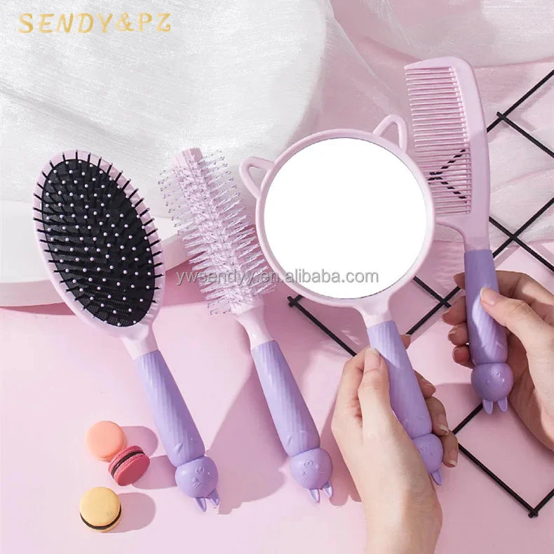 Women Eco Friendly Plastic Massager Comb Makeup Mirror 4Pcs/Set Hair Salon Colorful Massager Hair Brush