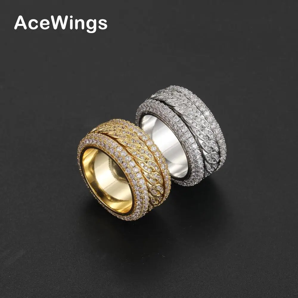 R047   Brass 12mm  Rotatable  Prong Setting CZ  Ring  Cubic Zircon Iced Out RING Hip Hop Cubic Zirconia Rings Jewelry