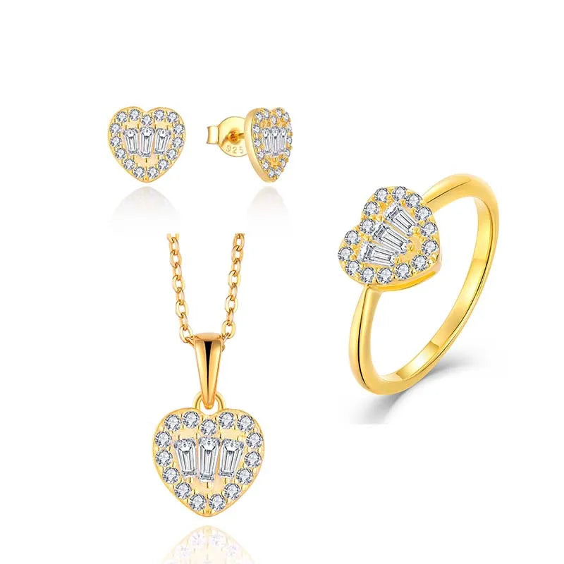 QX Custom OEM Women Luxury 18K Gold Plated 925 Sterling Silver Heart Earrings Ring Necklaces Fine Cubic Zirconia Jewelry Set
