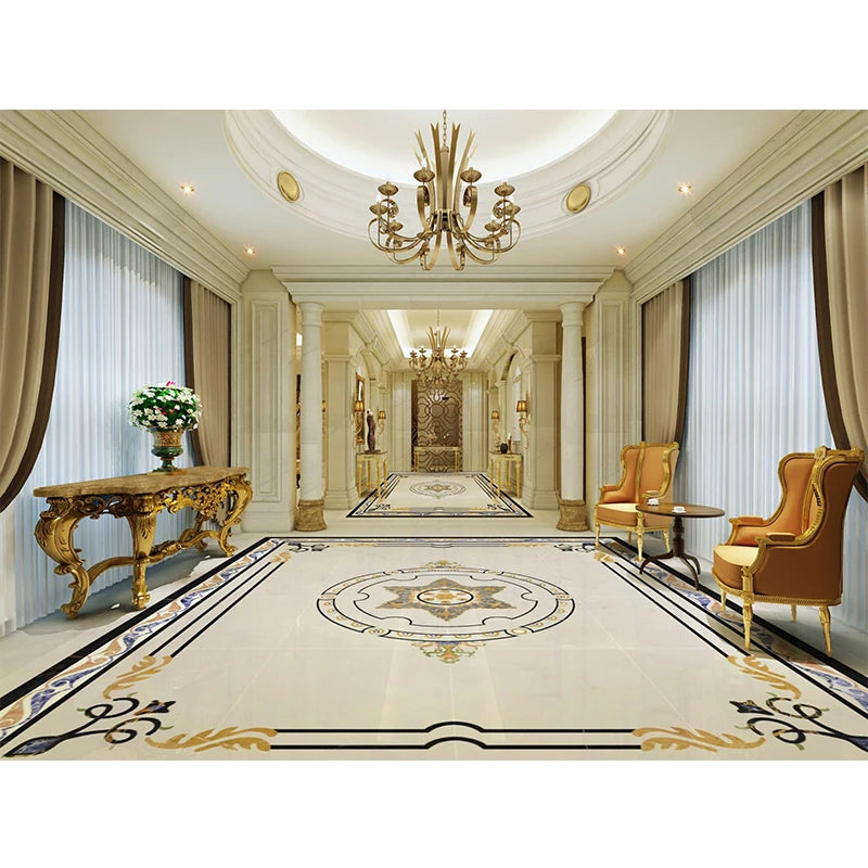 Custom Modern Design Natural White Marble Waterjet Medallion Polished 4mm Thickness Indoor Floor Tile with Pattern Interior Wall