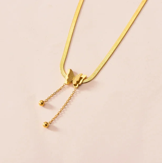 Stainless Steel Plated Gold Frosted butterfly Pendant Fashion Snake Bone Chain Tassel Necklace