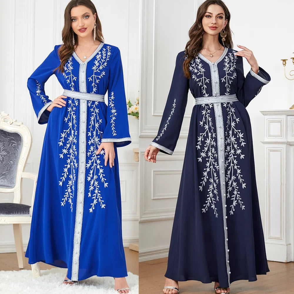 Eid Ramadan Morocco Style Caftean Luxurious Blue Abaya Muslim Print Abaya Femmes Robe Musulmane Muslim Clothing