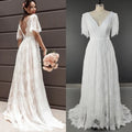 8704# Real Photos Elegant A-Line Beach Sweep Train V Neck Lace Appliques Backless Wedding Dress Bridal Gown for Women
