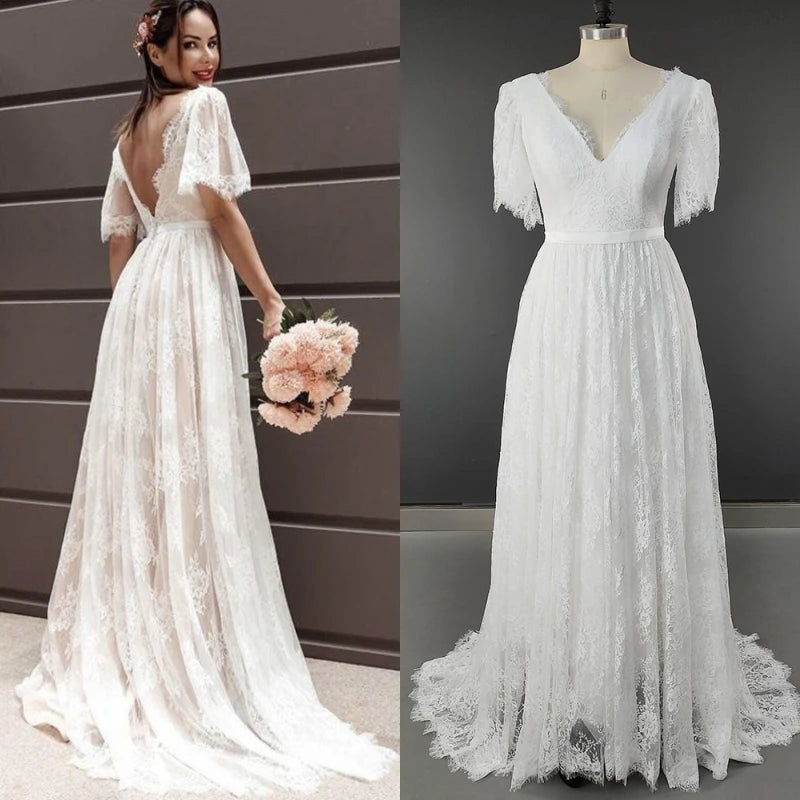 8704# Real Photos Elegant A-Line Beach Sweep Train V Neck Lace Appliques Backless Wedding Dress Bridal Gown for Women