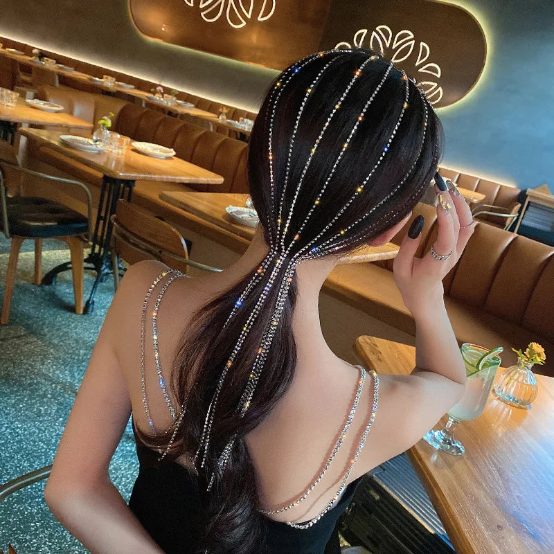 Luxury Princess Hair Accessory Shining Crystal Ponytail Hair Chain Wig Extension Rhinestone Diamond Tassel Hair Band Chain