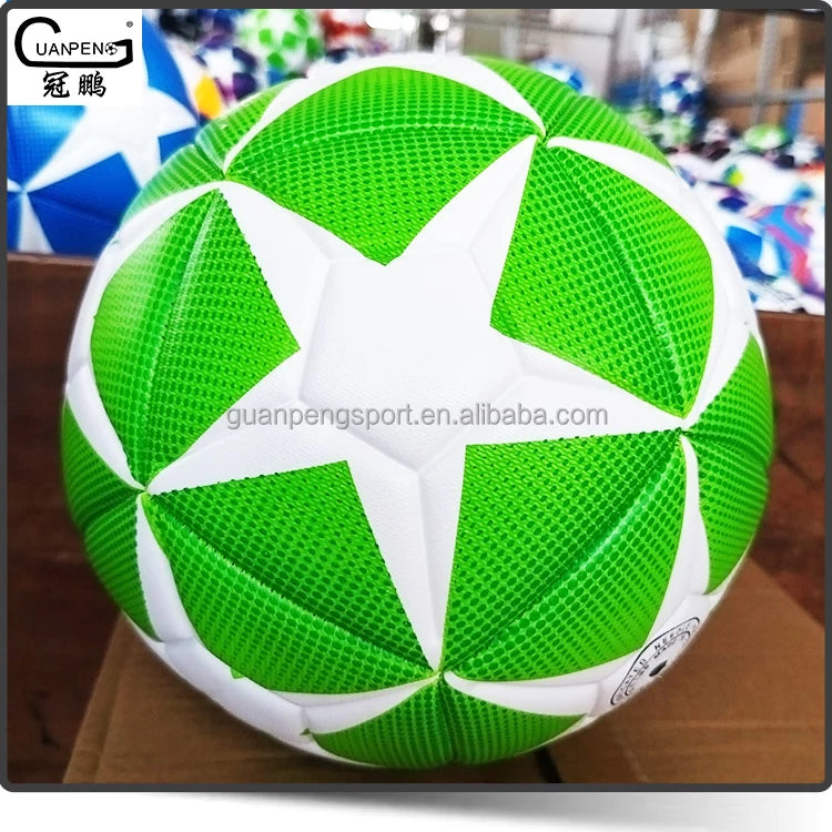 2026 Popular Design Good Quality Machine Sewn Official Size 5 Eco-Friendly Blue Green PU Soccer Ball with Customer Logo Printing