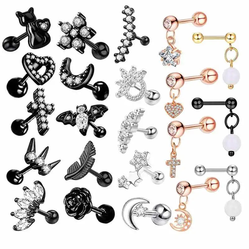 Wholesales Black Cartialge Tragus Earrings Stainless Steel Hot Sales Body Piercings Helix Barbell Conch Daith Earrings Stud Mix