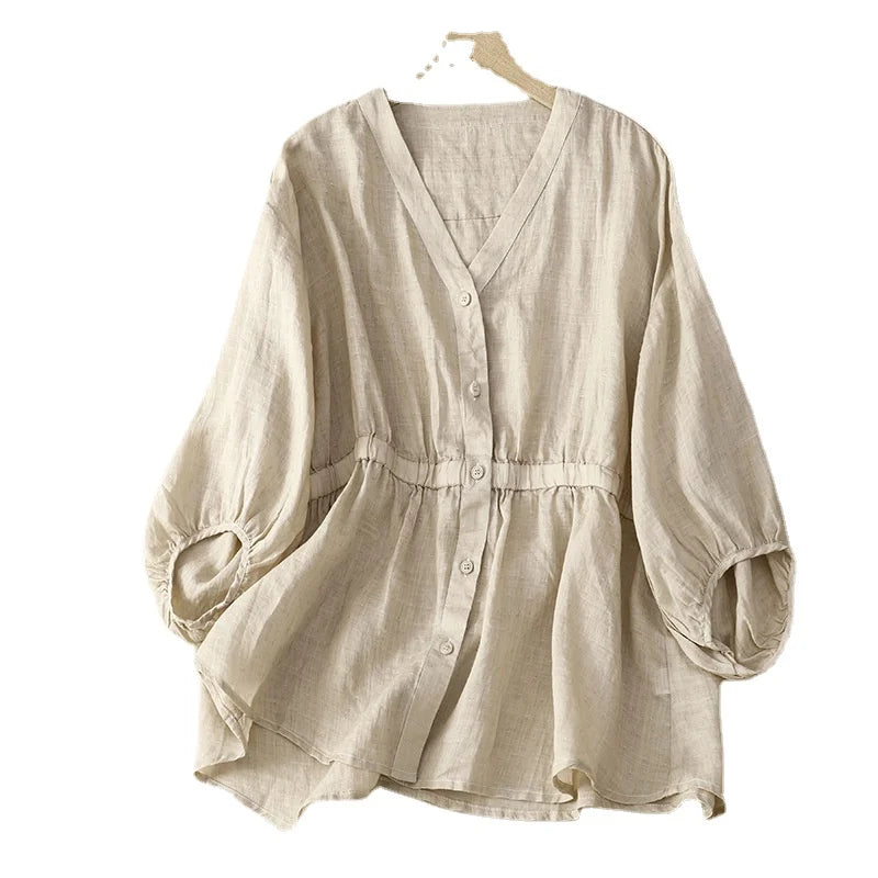 Wholesale 2026 Summer Cotton and Hemp V-Neck Waist Pullover Loose Slim Versatile Women's Shirts