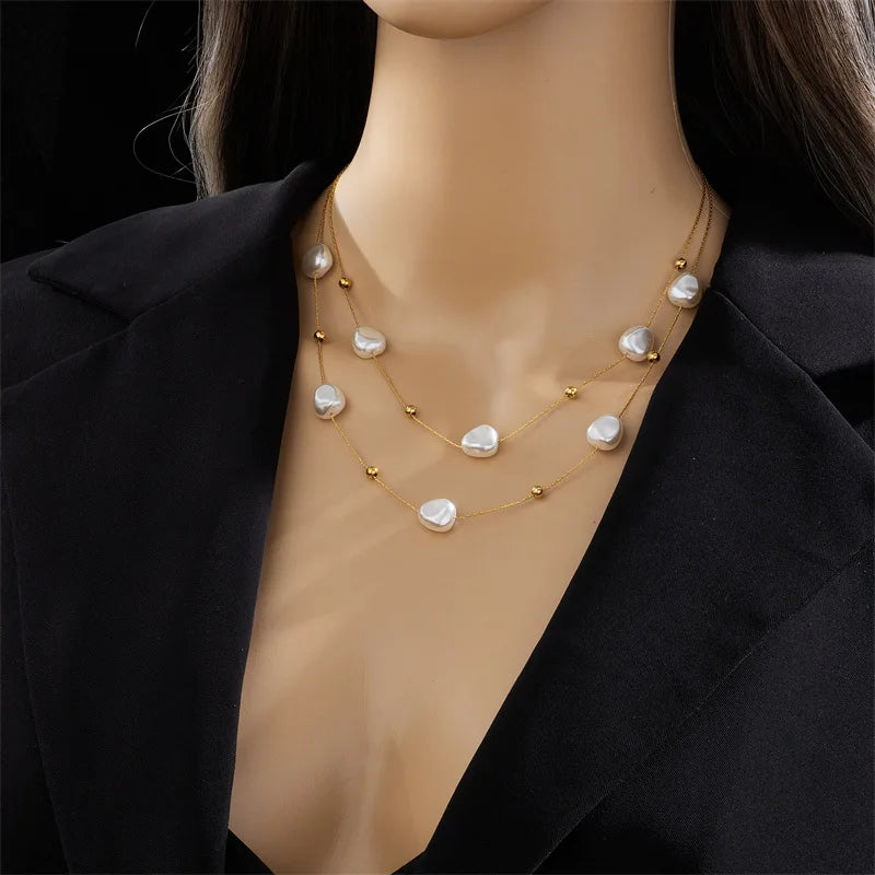 Multilayer Stainless Steel Baroque Pearl Necklace Vintage Pearl Collarbone Necklace Jewelry Collarbone Chain Pearl Collar