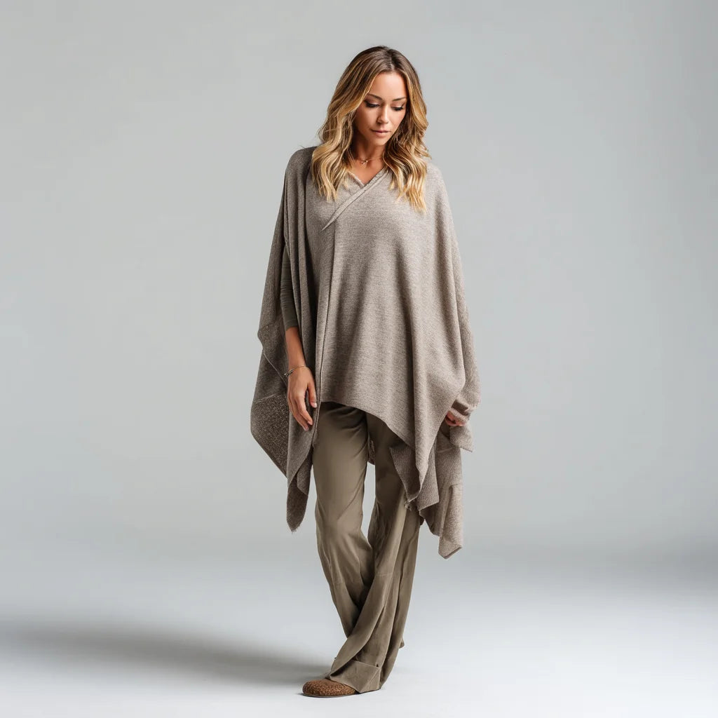 Women's Elegant Cape-Style Cashmere Poncho Loose Fit Open Sides Bow Collar Long Length Breathable Casual for Autumn Winter