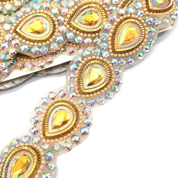 Iron-On Pearl Resin Appliques Trim Hot-Fix Yellow AB Teardrop Resin Trimming for Carnival Costumes Decoration