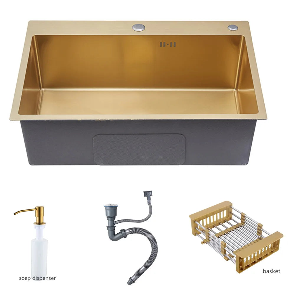 Brushed Gold Handmade Single Bowl Stainless Steel Above Counter Kitchen Sink with Drain Hair Catcher and Basket