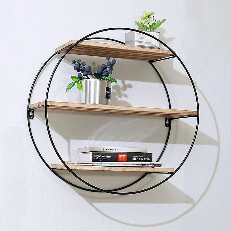 Retro Wrought Iron Wall Shelf Solid Wood Home Decor Carved Design Double for Multi-functional Storage for Garage Spice Bag