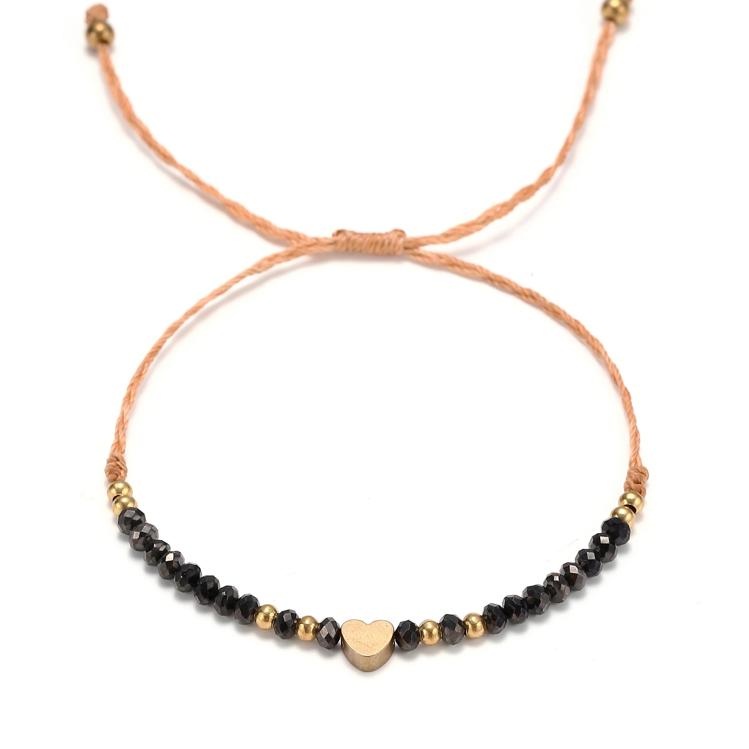 New Arrival Simple Handmade Boho Copper Heart Charm Bracelet Crystal Beaded Wax Rope Cute Adjustable Bracelets for Couples Gift