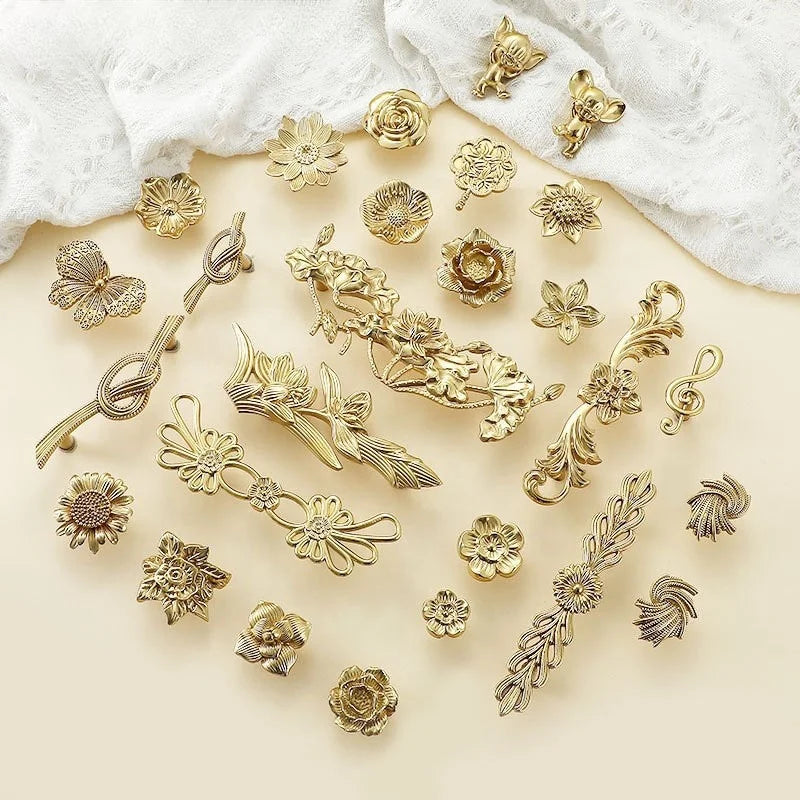 Hot Sale Creative Animal butterfly Flower Solid Brass Handles Gold Cabinet Knobs Drawer Pulls