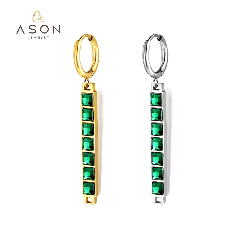 Ason Fashion 18K Gold Plating Stainless Steel Zirconia Long Crystal Hoop Earrings Diamond Jewelry Gift Custom Earrings for Women