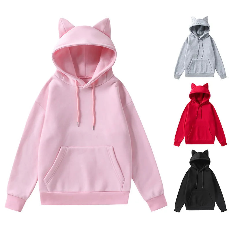2022 Men's Hooded European Size Sweater New Cat Ears Design with Solid Pattern for Spring and Autumn/Winter Couple