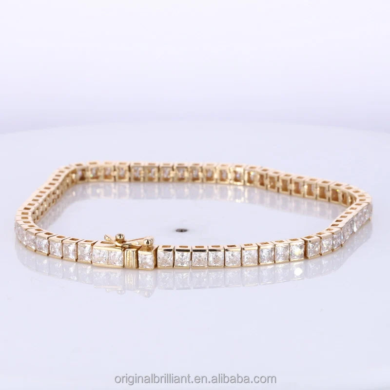 New Princess Cut Quartz Tennis Bracelet 14K Yellow Gold Women Link Chain Bracelet Fine Jewelry Gift