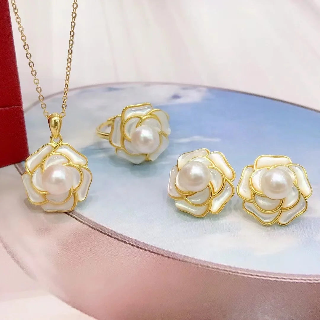 JW044 6-7mm  DIY Natural Real Freshwater Pearl Set Charm  Accessories 925 Sterling Silver  Gold Plated Jewelry Set for Women