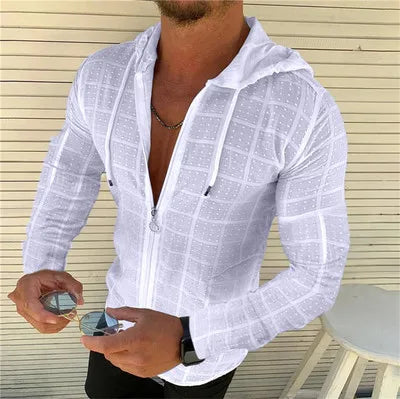 New Fashion Hot Selling Sport Slim Long Sleeve Solid Color Shirt Hooded Thin Zipper Cardigan Tops Men's Casual Shirts