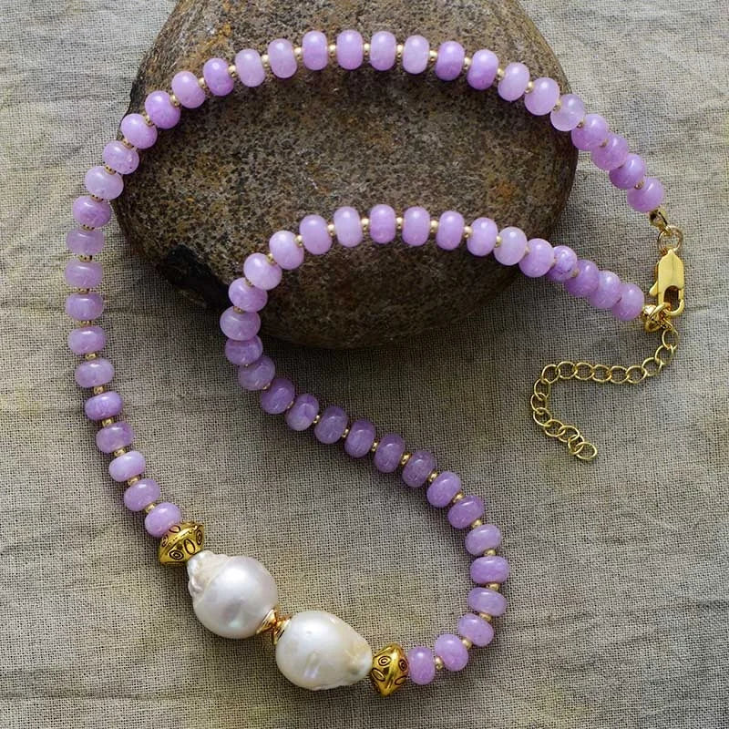 Gold Plated Purple Jade Amazonite Baroque Pearl Beads Minimalist Lariat Necklaces Wedding Bridal Jewelry Anniversary Party Gifts