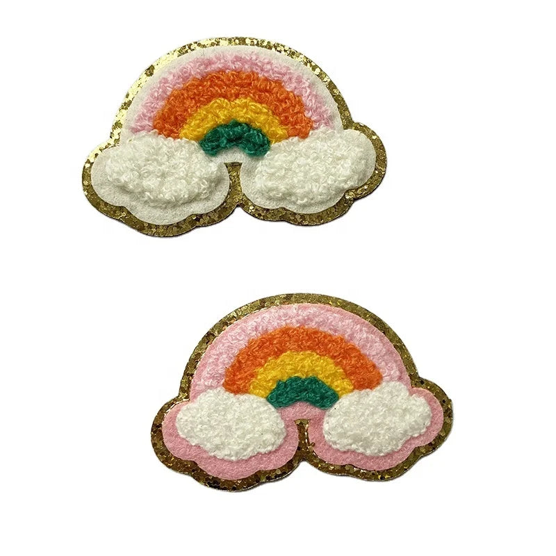 Hot Sale 3D Embroidery Stickers Stick on Self-adhesive DIY Repair Patch Golden Glitter Border Applique Chenille Rainbow Patches