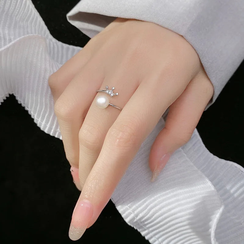 Adjustable Open Zircon Crown Shape Rose Gold Plated Finger Ring 925 Sterling Silver Natural Pearl Rings Fine Jewelry for Women