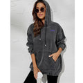Women's Hooded Denim Sweatshirt Ladies Drop Shoulder Kangaroo Pocket Drawstring Pullover Long Denim Hoodie Custom Logo
