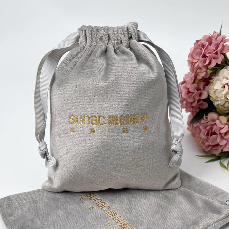 Custom logo Printed Small Light Grey Velvet Bag  Cosmetic Jewelry Gift Bag Pouches