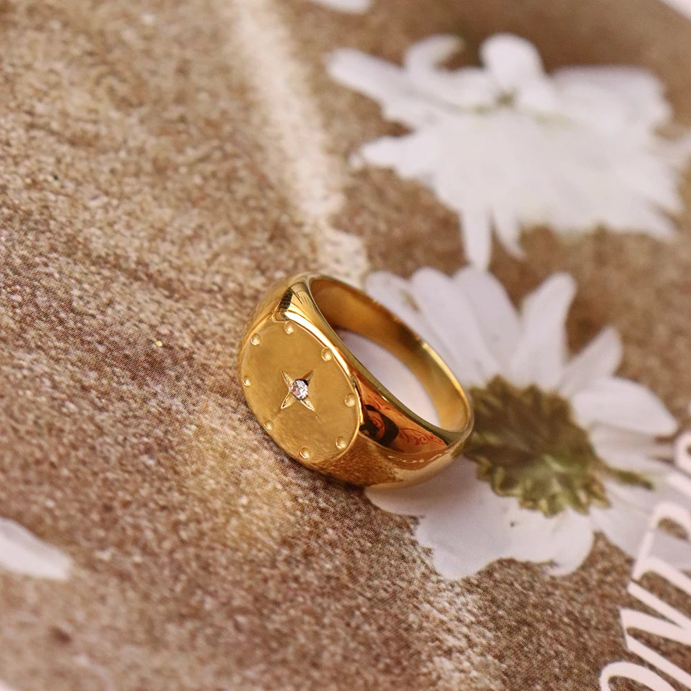 Chris April in Stock Fashion Jewelry Micro-inlaid Zircon 316L Stainless Steel PVD Gold Plated Six Pointed Star Ring