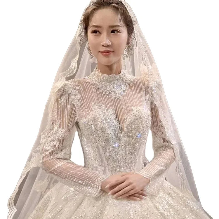 2025 New Luxury French Wedding Dress for Bride AL1343 with Long Heavy Train Light Long Sleeve Crystal Decoration Plus Size
