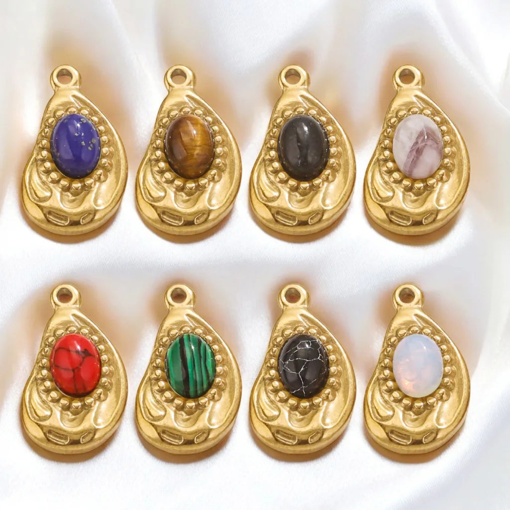 New 22*13mm Stainless Steel Sunflower Pattern Waterdrop Charm Colorful Natural Gemstone Malachite Pendant Diy Jewelry Findings
