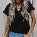 Online Retailer Women Casual Solid Color Drawstring Chiffon Blouse V Neck Ruffle Short Sleeve Spandex Polyester Shirts