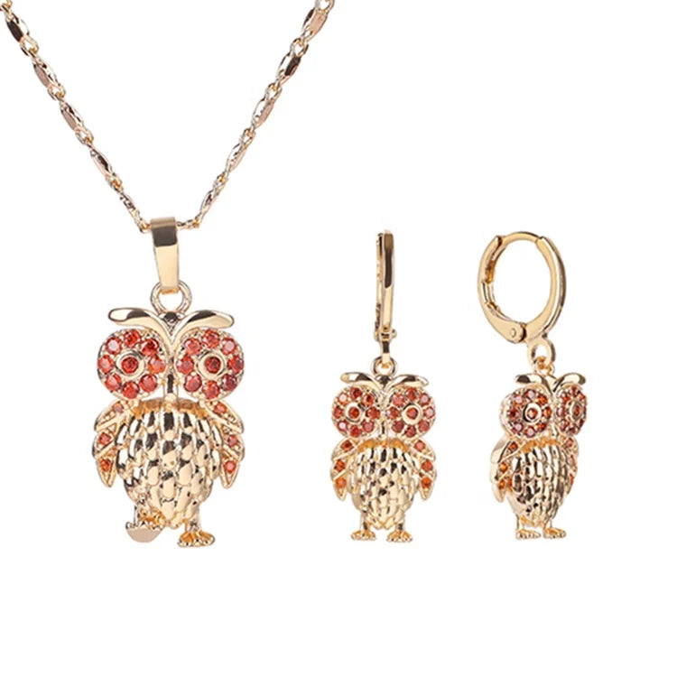Plated Hypoallergenic Proveedores Womens Necklace and Earring Set Gold Plated Zirconia Owl Jewelry Sets Brass Trendy Zircon 18k