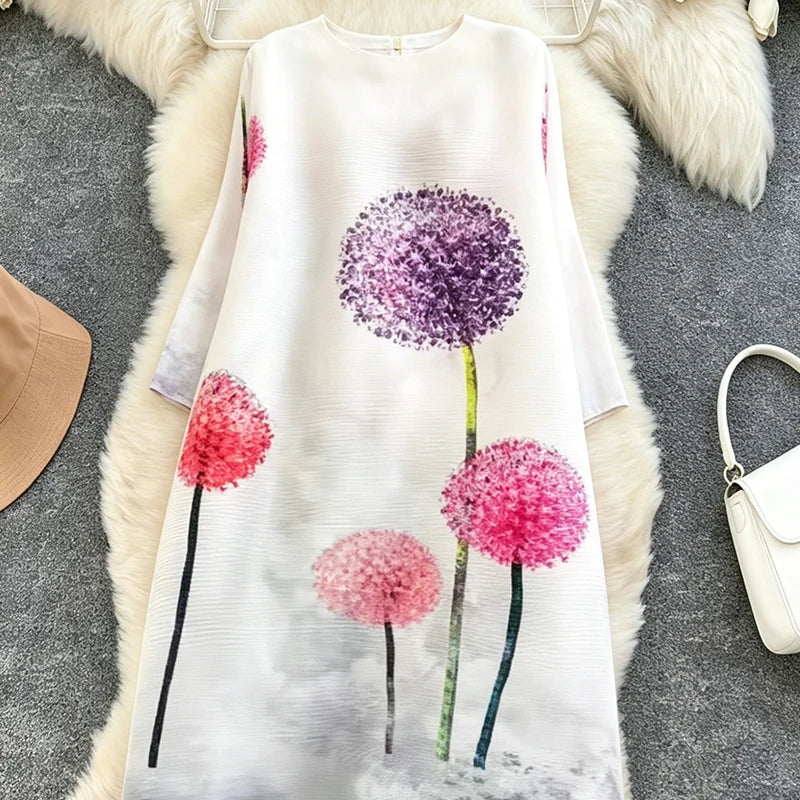 New Arrival Fashion Print Dress for Women Long Sleeve Pleated Casual Loose Fit Chiffon Fabric Natural Waistline Free Size