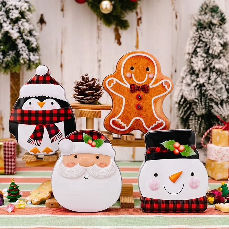 Festive Christmas Gingerbread Man Tinplate Box Portable Metal Candy Cookie Storage Case DIY Snowman Gift Tin