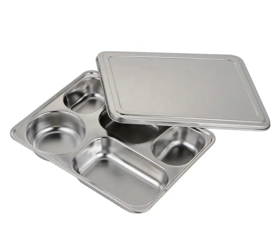 Factory 5 Divided Dinner Plate Stainless Steel Food Tray Rectangle Ss304 School Lunch Box with Steel Cover