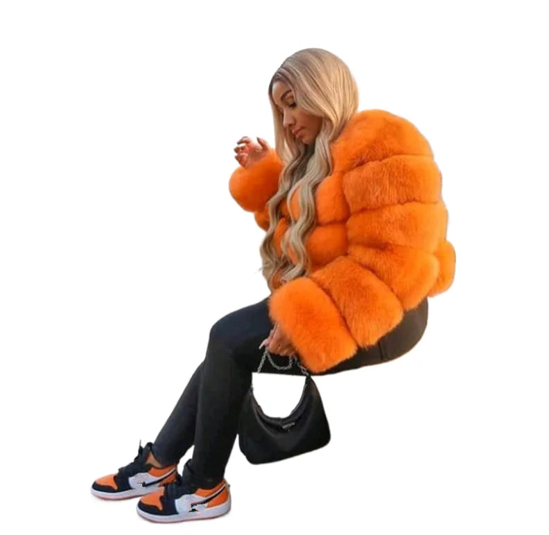 KY Long Sleeve Fox Fur Jacket Cropped Winter Fur Coat for Women Street Wear Fashion Furs Coats Woman